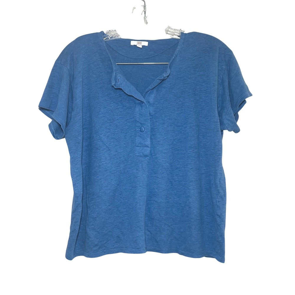 Lunya Blue Linen Henley T Shirt Top Womens XS sleep lounge pajama cozy summer